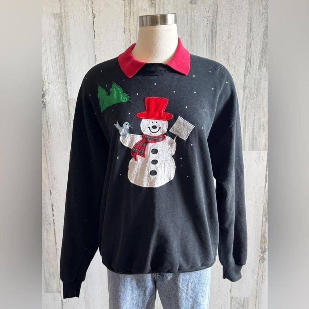 Vintage Snowman Sweatshirt‎ XL Double-Sided Appliqué Winter Christmas kitschy